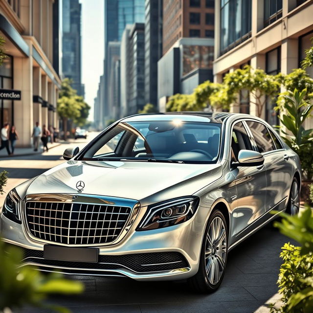 A stunning Mercedes-Maybach luxury sedan displayed in an upscale urban environment, surrounded by modern architecture and vibrant city life