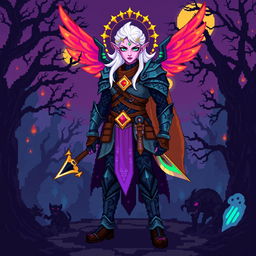 An Aasimar Hunter character depicted in stunning pixel art style with a classic 8-bit aesthetic