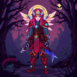 An Aasimar Hunter character depicted in stunning pixel art style with a classic 8-bit aesthetic