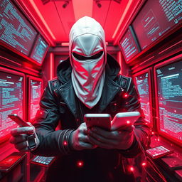 A mysterious figure with a covered face, engaged in a cyber attack, is prominently featured in a high-tech scene