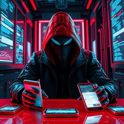 A mysterious figure with a covered face, engaged in a cyber attack, is prominently featured in a high-tech scene