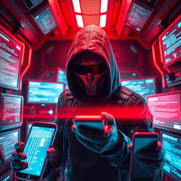 A mysterious figure with a covered face, engaged in a cyber attack, is prominently featured in a high-tech scene