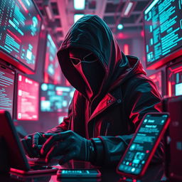 A mysterious figure with a covered face, engaged in a cyber attack, is prominently featured in a high-tech scene