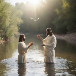 Rendering of a significant biblical event: Jesus Christ being baptized by John the Baptist in the Jordan River. The scene radiates divine light, and the Holy Spirit appears as a dove, capturing the sanctified essence of the moment.