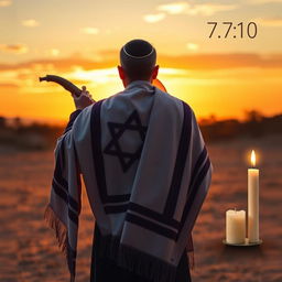 A heartfelt scene highlighting a Rabbi wearing a tallit (prayer shawl) holding a shofar, embodying the spirit of Yom Kippur