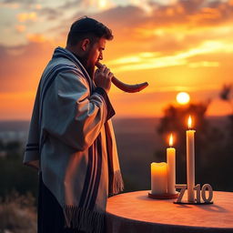 A heartfelt scene highlighting a Rabbi wearing a tallit (prayer shawl) holding a shofar, embodying the spirit of Yom Kippur