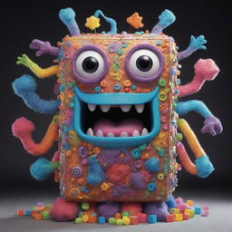 An imaginative, detailed image of a Wubbox, a musical monster with a box-like structure, colorful lights, and multiple elements creating an organized chaos.