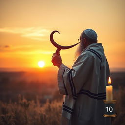 A heartfelt scene highlighting a Rabbi wearing a tallit (prayer shawl) holding a shofar, embodying the spirit of Yom Kippur