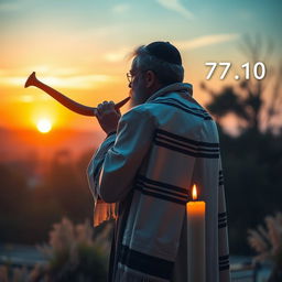 A heartfelt scene highlighting a Rabbi wearing a tallit (prayer shawl) holding a shofar, embodying the spirit of Yom Kippur