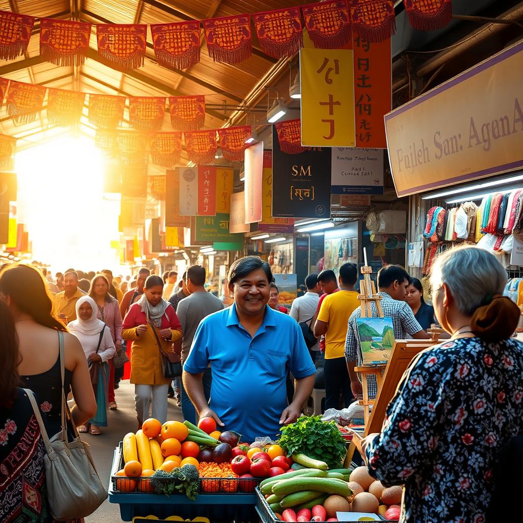 A vibrant marketplace scene filled with colorful stalls displaying various goods, bustling with people from diverse backgrounds interacting and shopping