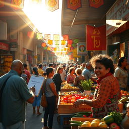 A vibrant marketplace scene filled with colorful stalls displaying various goods, bustling with people from diverse backgrounds interacting and shopping