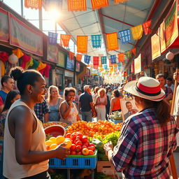 A vibrant marketplace scene filled with colorful stalls displaying various goods, bustling with people from diverse backgrounds interacting and shopping