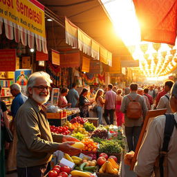 A vibrant marketplace scene filled with colorful stalls displaying various goods, bustling with people from diverse backgrounds interacting and shopping