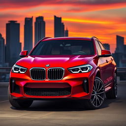 A stunning red 2024 BMW XM parked proudly against a vibrant city skyline at dusk