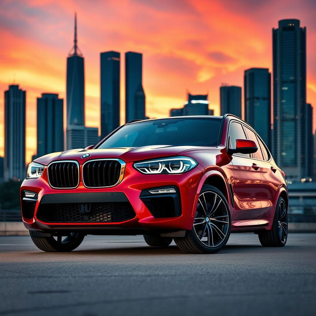 A stunning red 2024 BMW XM parked proudly against a vibrant city skyline at dusk