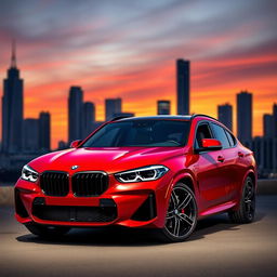 A stunning red 2024 BMW XM parked proudly against a vibrant city skyline at dusk