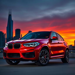 A stunning red 2024 BMW XM parked proudly against a vibrant city skyline at dusk