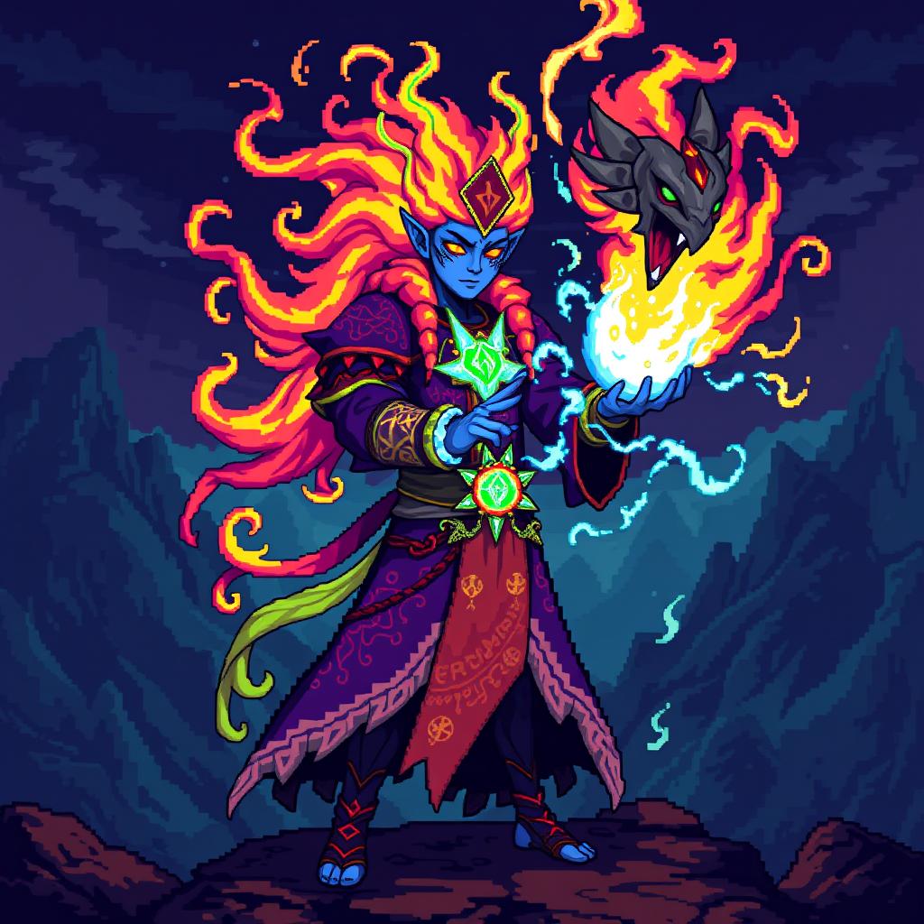 A Genasi Summoner character depicted in vibrant pixel art style, featuring an iconic 8-bit aesthetic