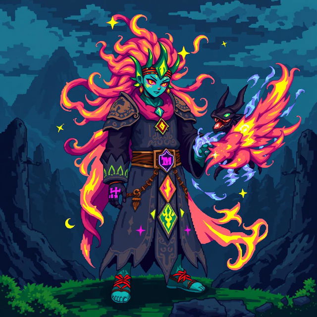 A Genasi Summoner character depicted in vibrant pixel art style, featuring an iconic 8-bit aesthetic