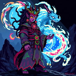 A Genasi Summoner character depicted in vibrant pixel art style, featuring an iconic 8-bit aesthetic