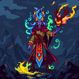 A Genasi Summoner character depicted in vibrant pixel art style, featuring an iconic 8-bit aesthetic