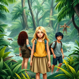 A visually striking image for a book cover, depicting the adventure of a 15-year-old blonde girl named Alice