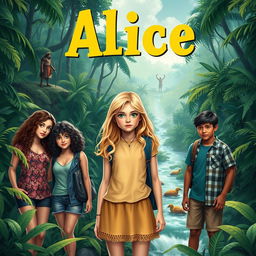 A visually striking image for a book cover, depicting the adventure of a 15-year-old blonde girl named Alice