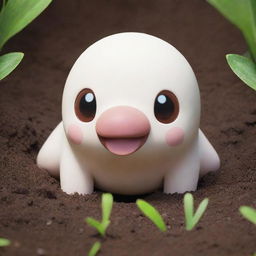 An artistic rendition of a white Diglett, a small, mole-like Pokemon, peeking out from the ground.