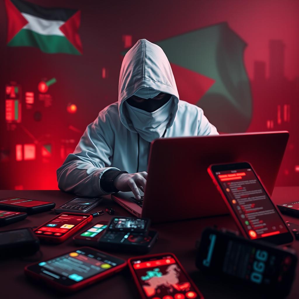 A mysterious figure with a covered face is depicted in the midst of a cyber attack, working intently on a laptop