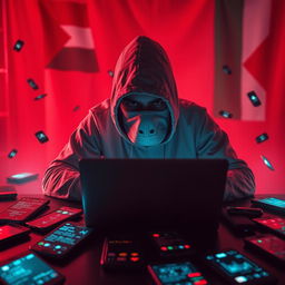 A mysterious figure with a covered face is depicted in the midst of a cyber attack, working intently on a laptop