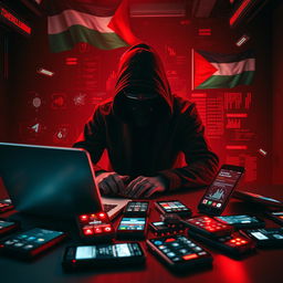 A mysterious figure with a covered face is depicted in the midst of a cyber attack, working intently on a laptop