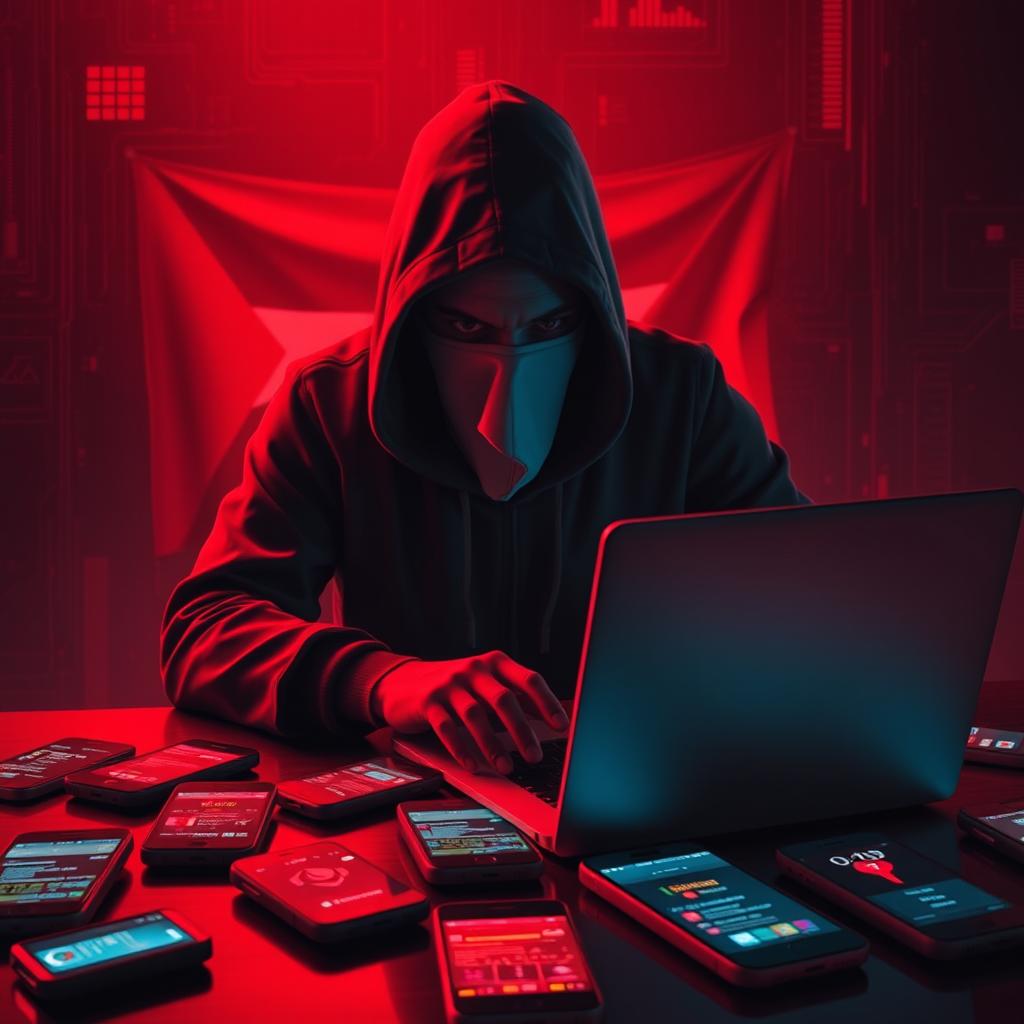 A mysterious figure with a covered face is depicted in the midst of a cyber attack, working intently on a laptop