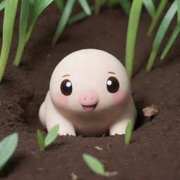 An artistic rendition of a white Diglett, a small, mole-like Pokemon, peeking out from the ground.