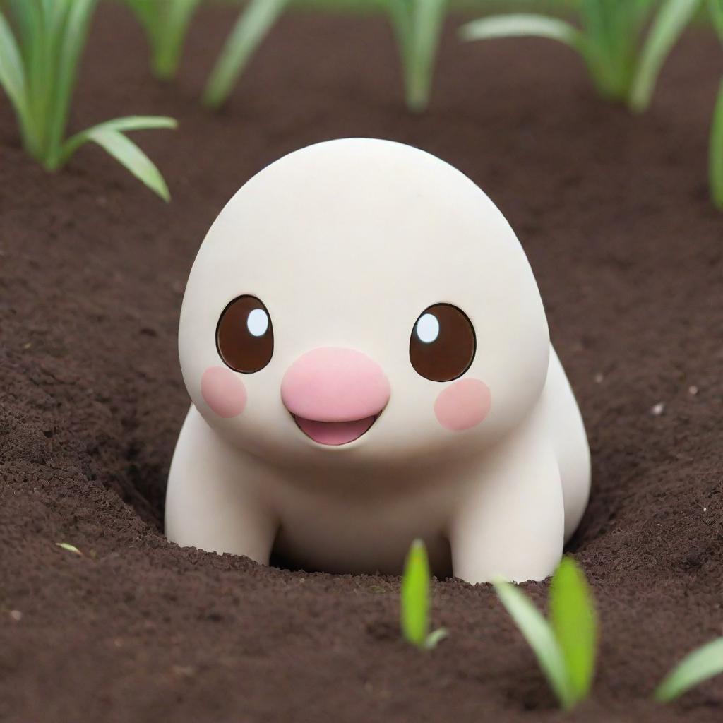 An artistic rendition of a white Diglett, a small, mole-like Pokemon, peeking out from the ground.