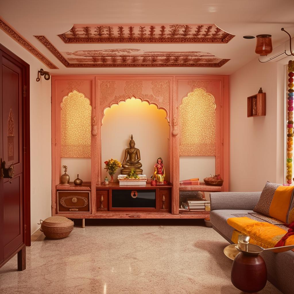 Cozy living room featuring a TV unit, comfortable couch, a temple, an almirah (wardrobe), and a center table in a harmonious setup.