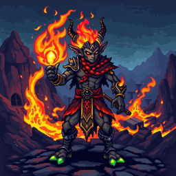 An Earth and Fire Genasi character depicted in vibrant pixel art style, with a classic 8-bit aesthetic