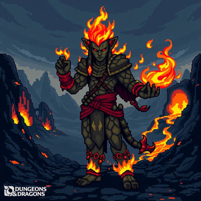 An Earth and Fire Genasi character depicted in vibrant pixel art style, with a classic 8-bit aesthetic