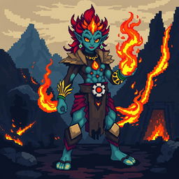 An Earth and Fire Genasi character depicted in vibrant pixel art style, with a classic 8-bit aesthetic