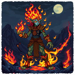 An Earth and Fire Genasi character depicted in vibrant pixel art style, with a classic 8-bit aesthetic