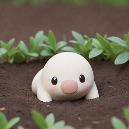 An artistic rendition of a white Diglett, a small, mole-like Pokemon, peeking out from the ground.