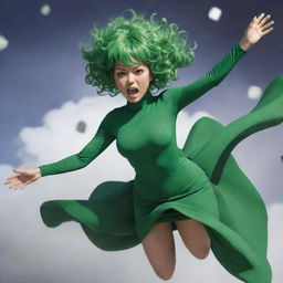 A high-resolution image of Tatsumaki, a popular character from One Punch Man, in her signature green dress, floating in the air, her psychic powers visible around her.