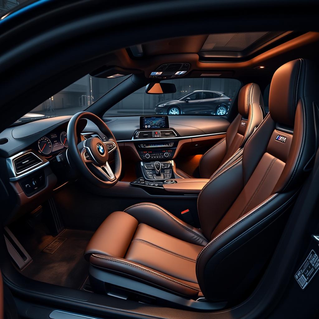 An exquisite view of the interior of a BMW M8, showcasing the luxurious craftsmanship and sporty features