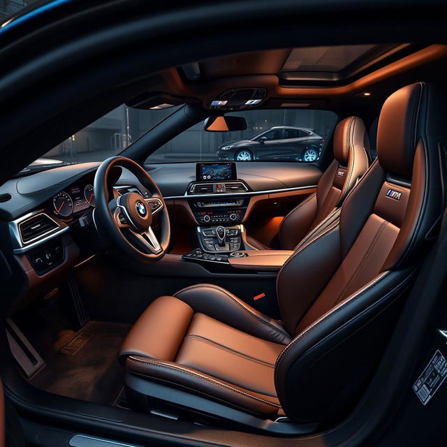 An exquisite view of the interior of a BMW M8, showcasing the luxurious craftsmanship and sporty features