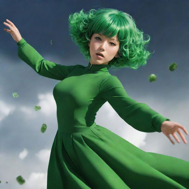 A high-resolution image of Tatsumaki, a popular character from One Punch Man, in her signature green dress, floating in the air, her psychic powers visible around her.