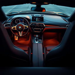 An exquisite view of the interior of a BMW M8, showcasing the luxurious craftsmanship and sporty features