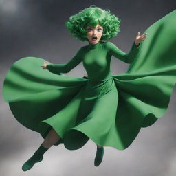 A high-resolution image of Tatsumaki, a popular character from One Punch Man, in her signature green dress, floating in the air, her psychic powers visible around her.