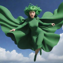 A high-resolution image of Tatsumaki, a popular character from One Punch Man, in her signature green dress, floating in the air, her psychic powers visible around her.