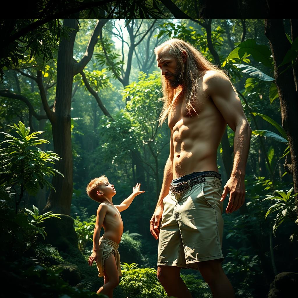 A surreal scene in a lush, enchanting forest where a handsome, emaciated giant man with long flowing hair and visible ribs and obliques stands tall and imposing