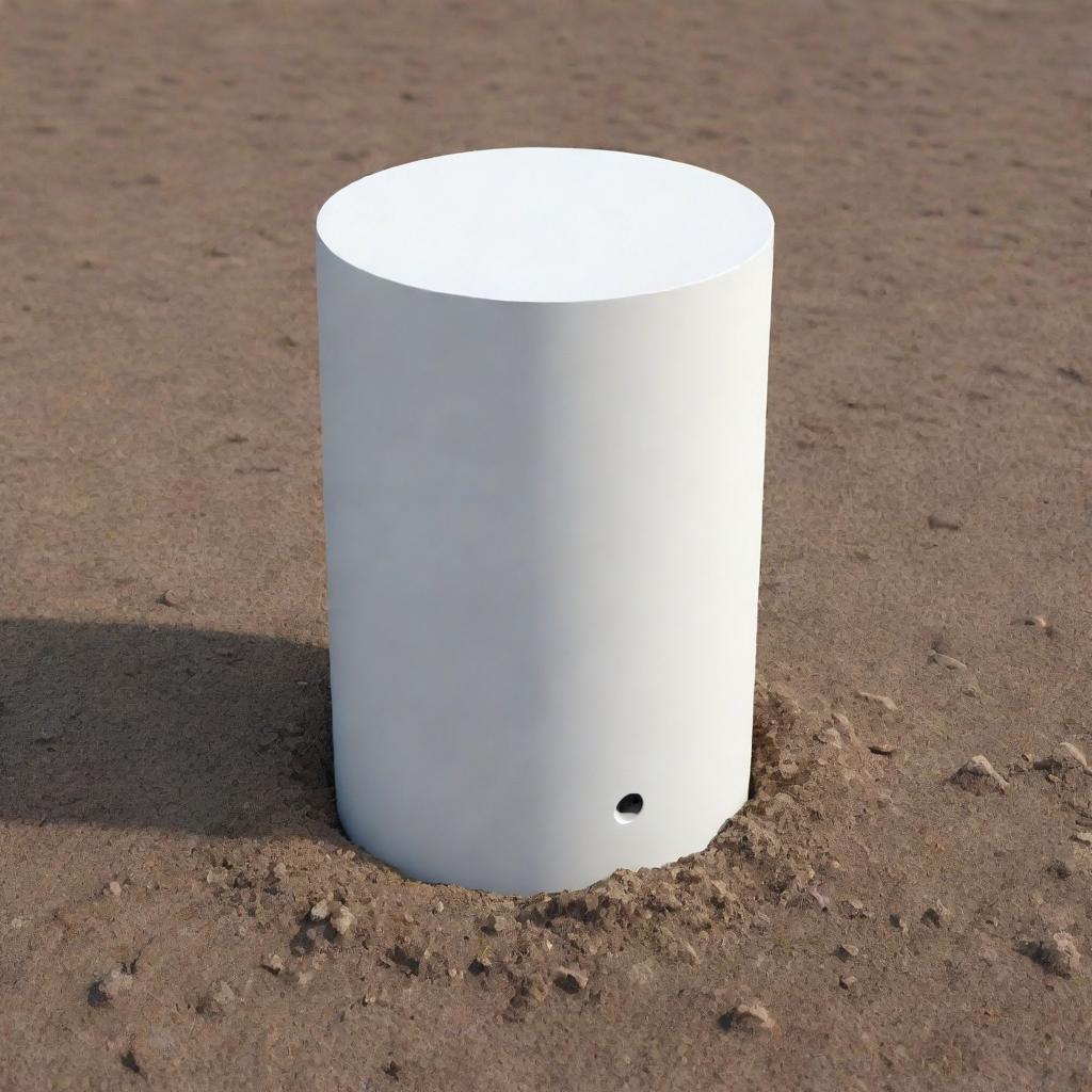 A detailed 3D image of a white cylinder, partially embedded in a natural ground setting.