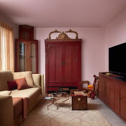 Cozy living room featuring a TV unit, comfortable couch, a temple, an almirah (wardrobe), and a center table in a harmonious setup.